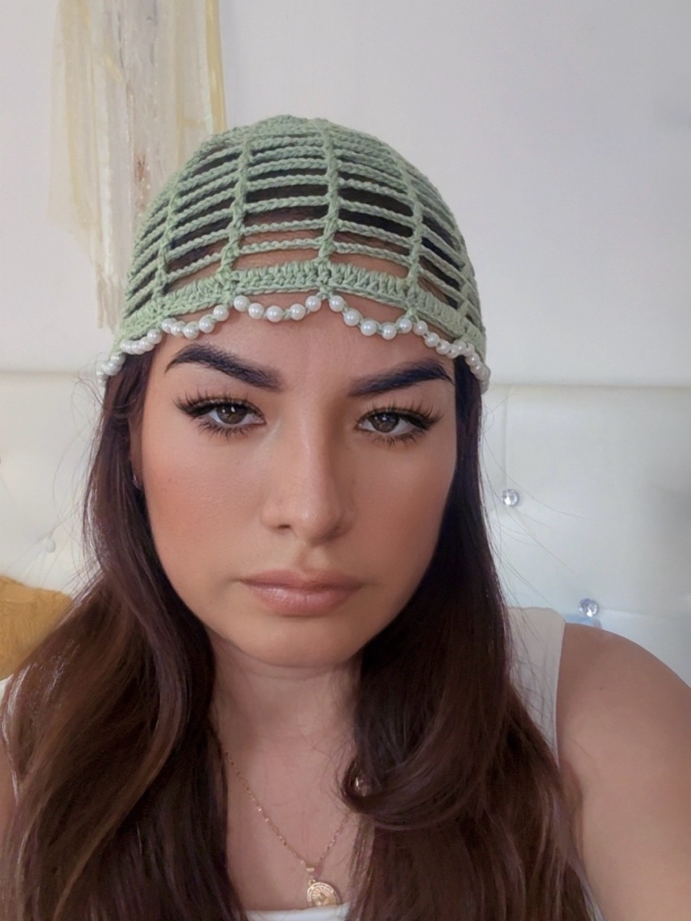 Boho handmade mint green Pearl-Trim Crochet Beanie hat beret. Size M. New